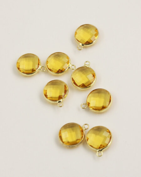 Round Glass Pendant Gold Casing 14mm Light Topaz