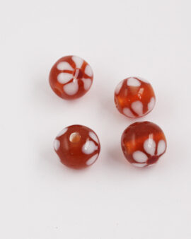 Round handmade glass bead 15mm amber with white flower
