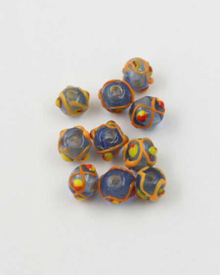 Handmade Glass round Beads with trails 8-10mm blue and yellow