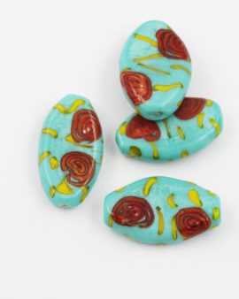 flat glass bead turquoise red flower