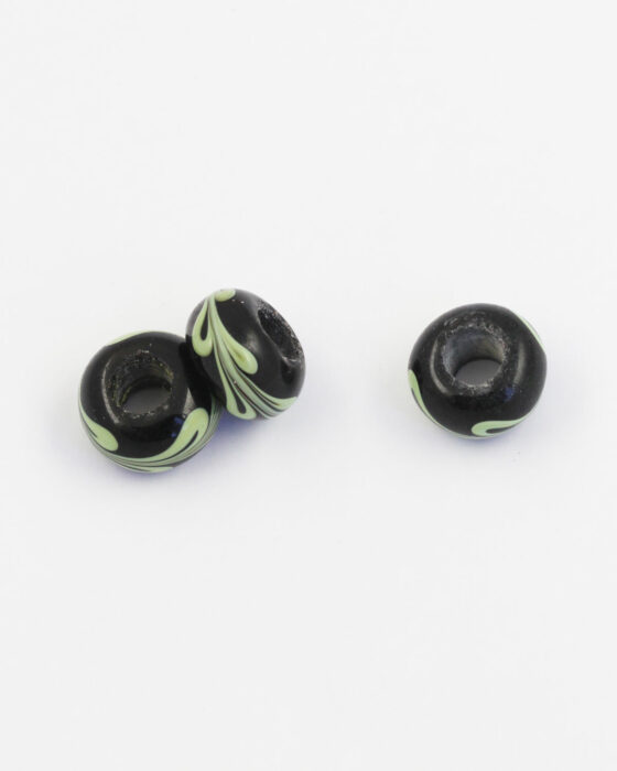 Large hole glass bead Black with green leaf