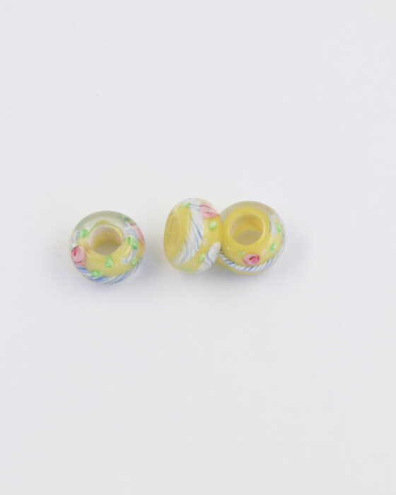 Large hole glass bead Yellow with pink flowers