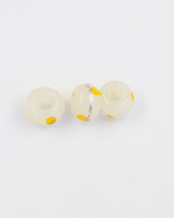 Large hole glass bead white with yellow dots