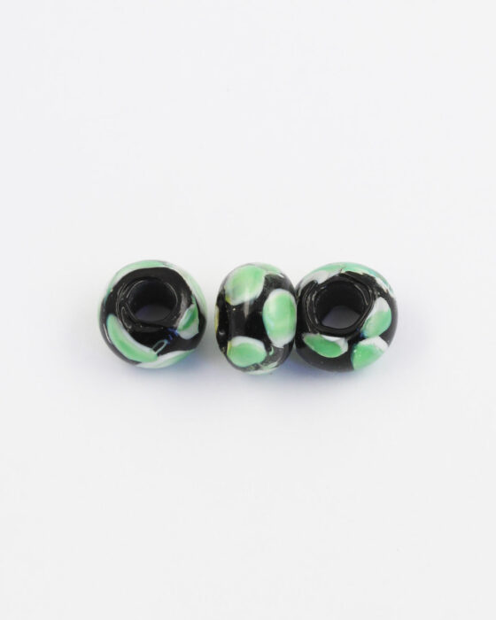 Large hole glass bead Black with green dots