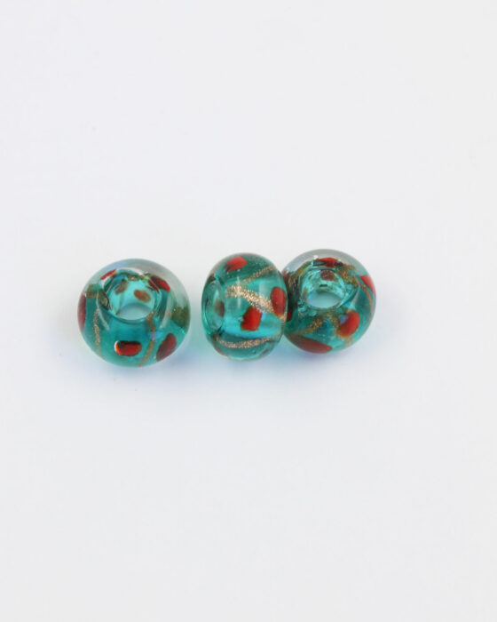 Large hole glass bead emerald with red dots and gold trail
