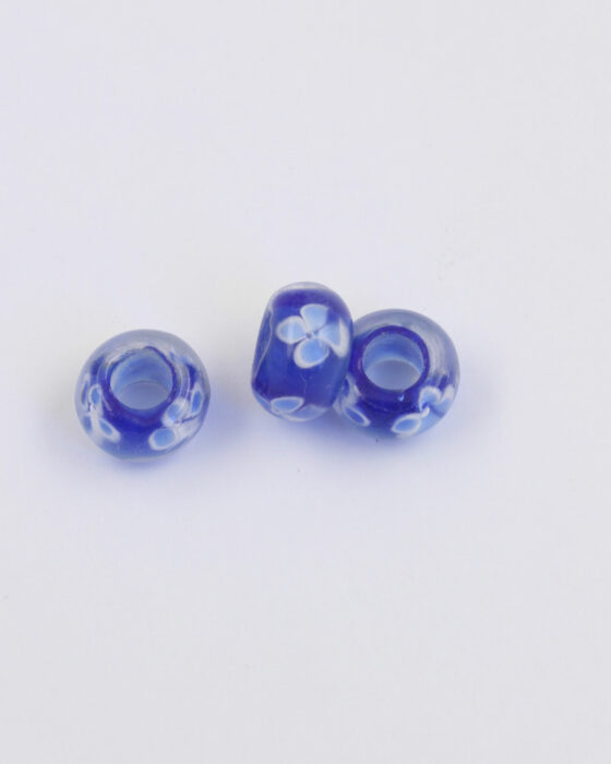 Large hole glass bead blue with white flowers