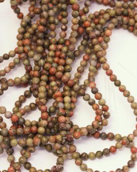 Unakite Round Beads 4mm. Natural gemstone has a mix of olive green , pink and red/orange hues.  Sold per strands, approx. 82 beads