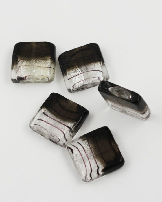 handmade glass bead flat square silver leaf 25x25mm silver & black