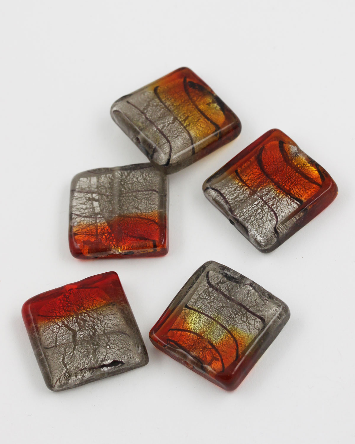 handmade glass bead flat square silver leaf 25x25mm silver & red