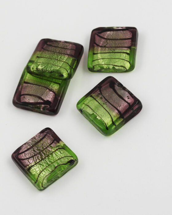 handmade glass bead flat square silver leaf 25x25mm purple & lime