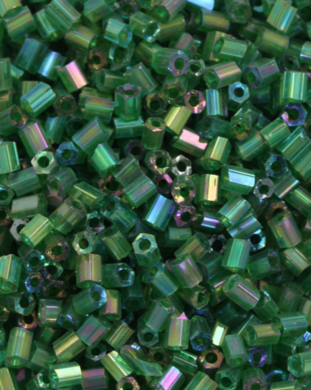 Transparent Bugle Beads approx. 2 mm Green Iridescent