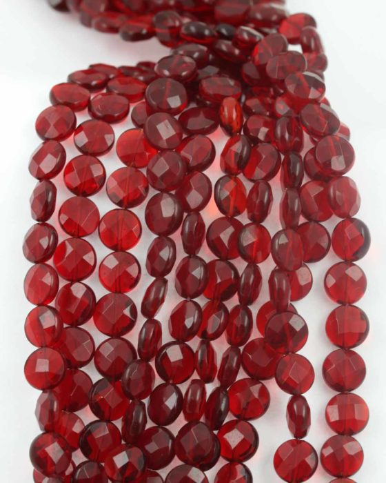 round flat faceted glass bead red