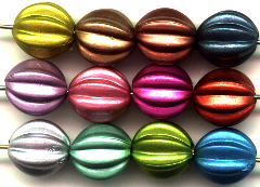 Plastic Oval Creased Beads 8x10mm.  Multi coloured mix metallic opaque beads