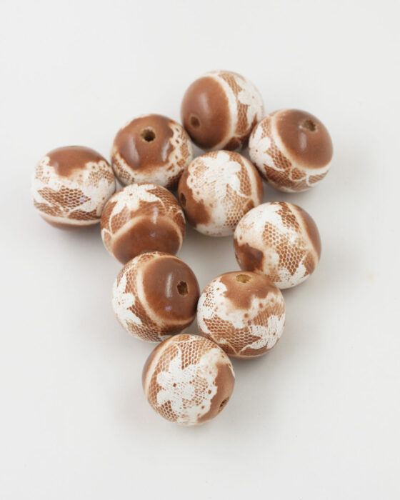 Flower Lace Painted On Wooden Beads 25mm tan