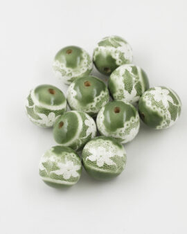 Flower Lace Painted On Wooden Beads 25mm green