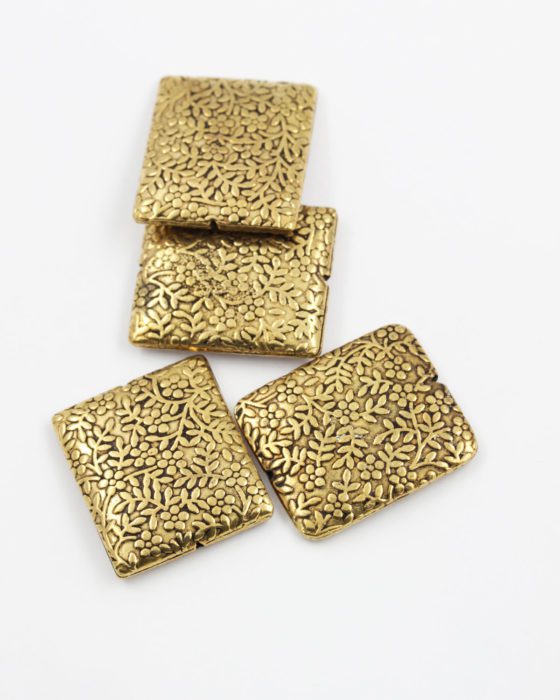 flat square embossed metal beads antique gold