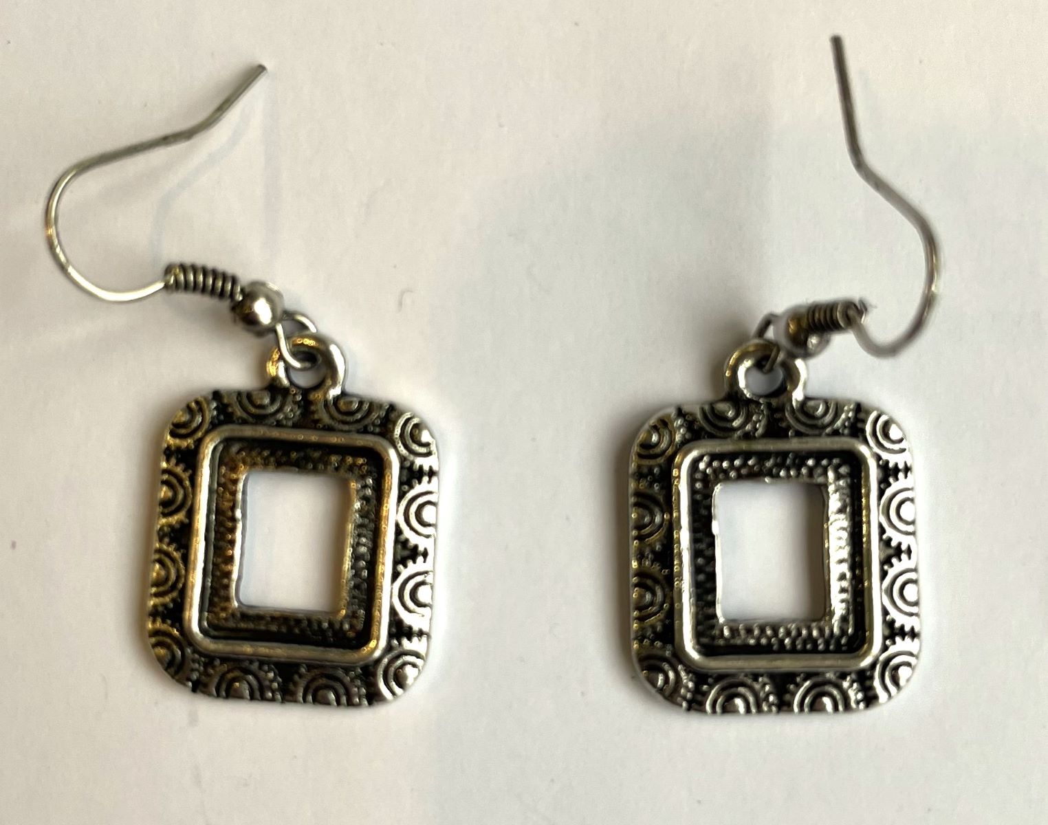 Rectangle Hollow Bezel Earrings 17x20mm with Circle Design.